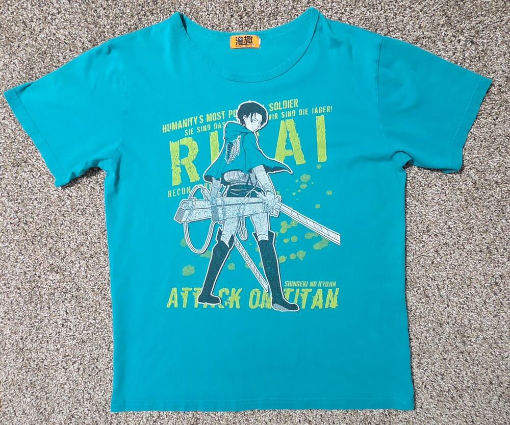 Attack On Titan Levi Shirt Teal Blue Anime Graphic T-Shirt Wings of Freedom Sz S